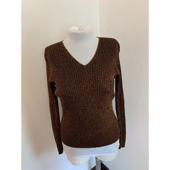 Y2K VTG Joseph A. Sweater M Metallic Bronze Thread Knit Ribbed Sexy Snug V Neck - Picture 2 of 11